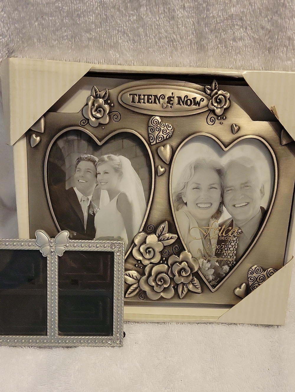 Then & Now Double Heart Photo Frame - Antique Silver Finish With Bonus Mini
